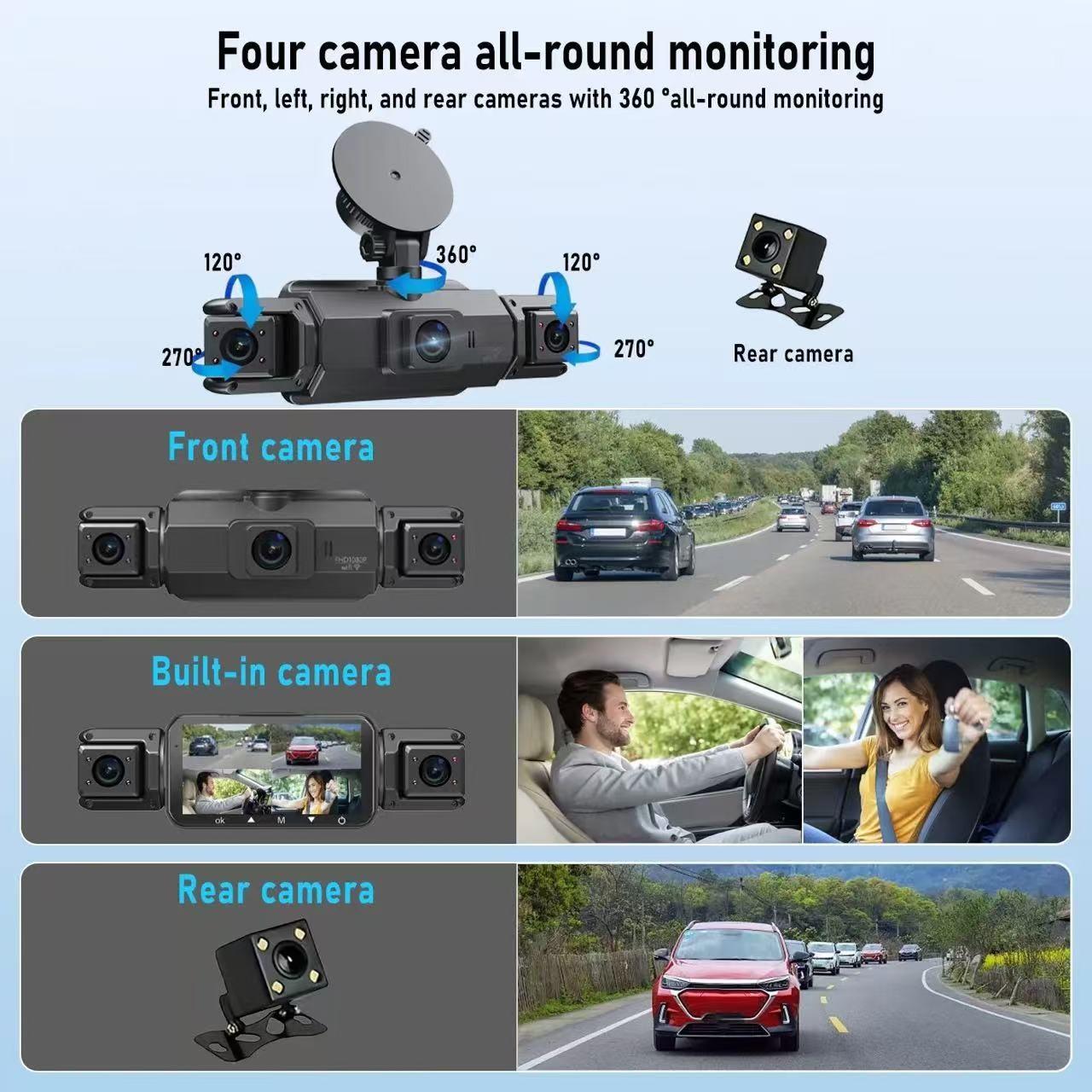 Four-Channel Dash Cam, Car Dashboard Camera, Full View Parking Monitor, 4-Inch Display, Wi-Fi, 64GB SD, Night Vision with Hdr, Car Dashcam, Dashcams for Cars, Wifi Dashcam