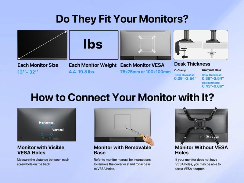 HUANUO Stackable Single/ Dual Monitor Arm - Adjustable Gas Spring Monitor Mount for Gaming and Home Office Setups, Monitor Stand Hold up to 34" with 19.8 lbs Max Weight and C-Clamp or Grommet Hole Mounting