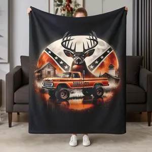 Vintage American Style Gift Blanket, Majestic Buck Scene, Soft Flannel Throw, Suitable for Bedding, Sofa, Camping, All-Season Use