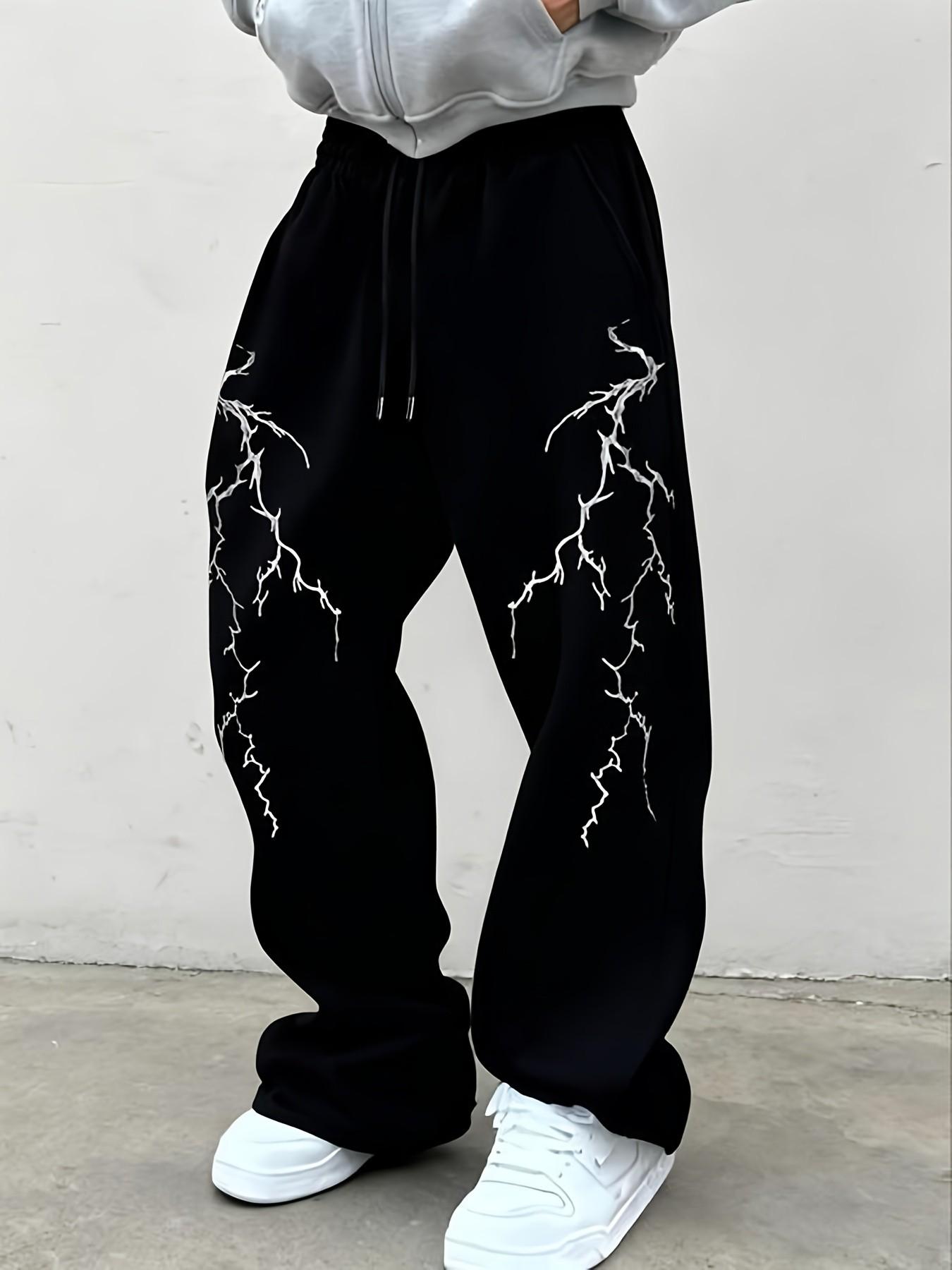 Men's Lightning Print Drawstring Elastic Waist Y2K Street Style Loose-Fit Casual Long Pants, Comfortable Daily Wear, All-Season Fashion