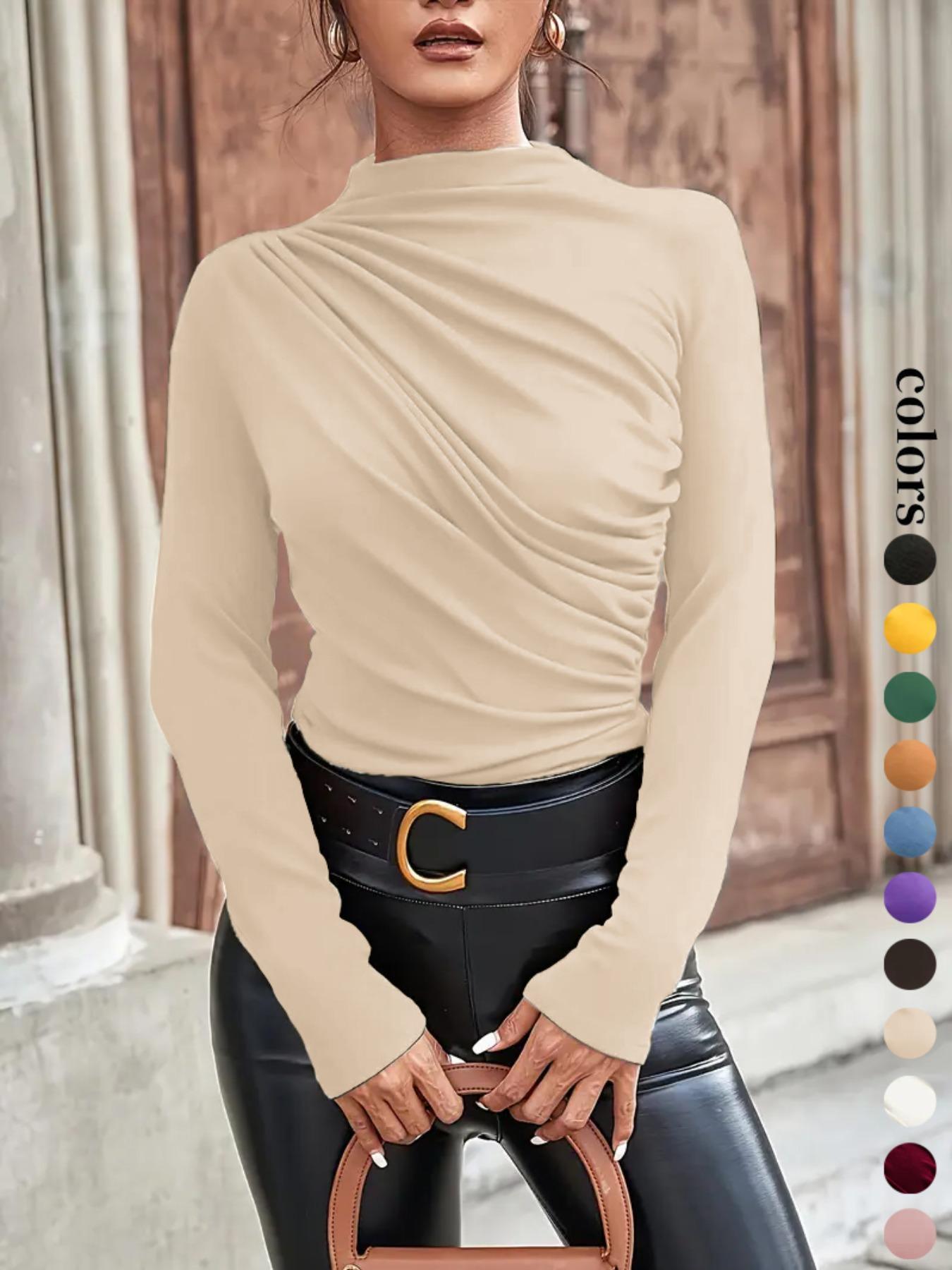 Women's Plain Ruched Mock Neck Tee, Casual Long Sleeve T-Shirt for Daily Wear, Ladies Clothes for All Seasons
