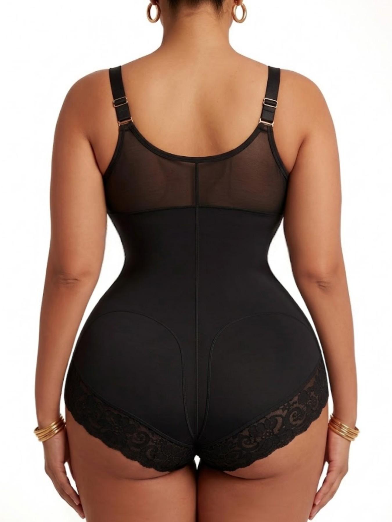 Colombian Shapewear, Fajas, Women's Solid Color Lace Trim Anti-Slip Leg Hem Jumpsuit, Front Zipper V-Shaper Belt Shapewear Bodysuit, Natural Lift Body Shaper, Double Compression Contouring Romper, Waist Trainer, Suitable For Training Or Sports, Aesthetic