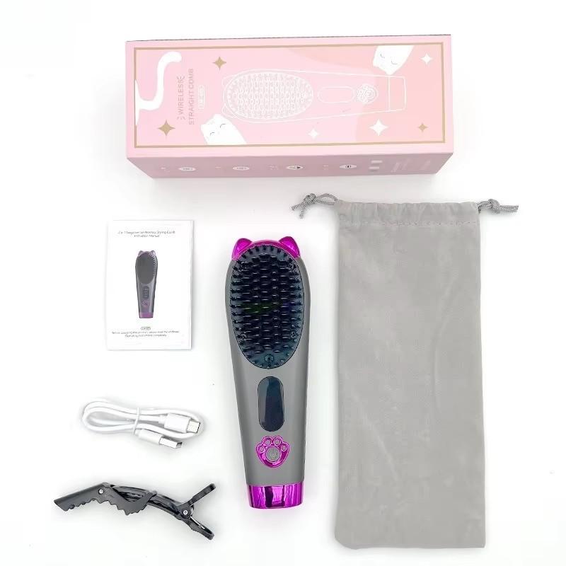 Cordless Negative Ion Hair Straightener Brush, Portable Lightweight 3 Temp Heat Straightening Comb, USB Rechargeable Cute Cat Hot Comb for Frizz-Free Styling