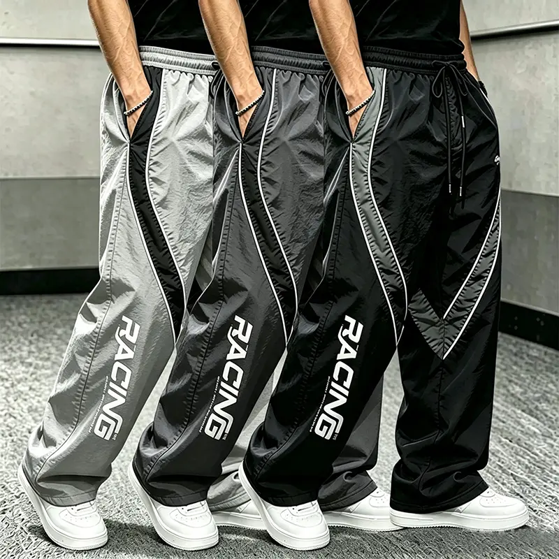 Men's Racing Printed Color Block Wide Leg Track Pants, Lightweight Loose Straight Leg Trousers, Hip Hop Streetwear Baggy Athletic Joggers with Elastic Waist Pockets for Daily Wear