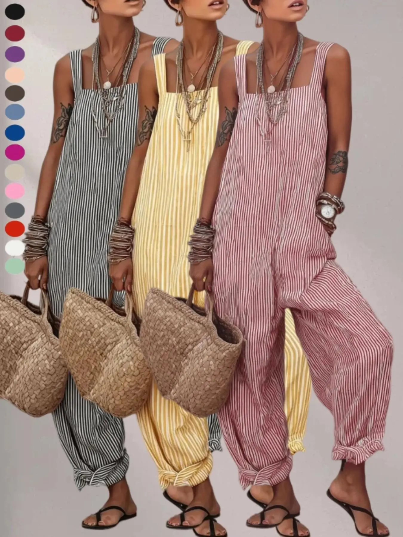 Women's Sleeveless Striped Print Romper, Loose Fit One-Piece, Summer New Arrival, Casual Comfortable, Trendy Chic Fashion for Ladies