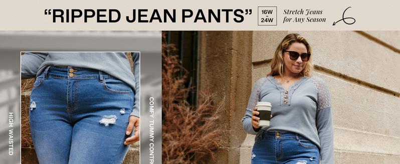 Hanna Nikole Women's Plus Size Jeans Skinny High Waisted Ripped Stretchy Denim Pants with Tummy Control & Pockets for All Seasons Casual Wear Trouser