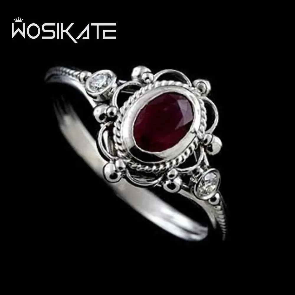 WOSIKATE Vintage Ruby Amethyst Thai Silver Black Ring For Women With 925 Silver Plated Fashion Jewelry Adjustable Finger Ring