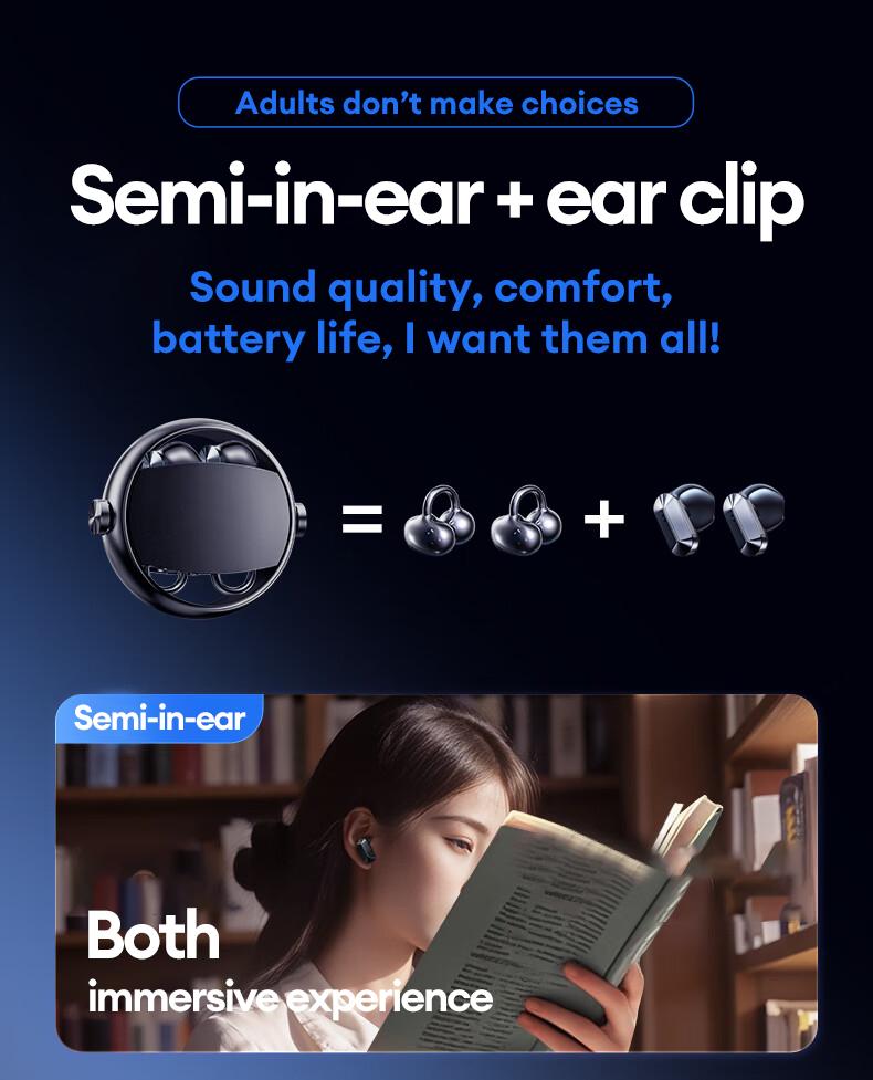 In-ear & clip-on 2-in-1 wireless Bluetooth headset Bluetooth 6.0 IPX5 sports waterproof and sweatproof Two earphones connected at the same time for uninterrupted listening Couple earphones