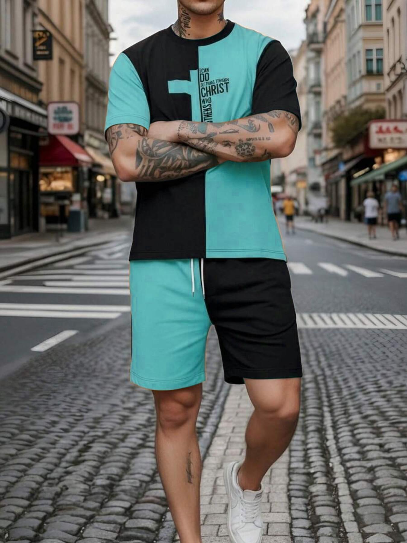 Men's Vintage Religious Style Two-Piece Set, Loose Fit Cross Print Short Sleeve T-Shirt + Gym Shorts, Fashionable for Men