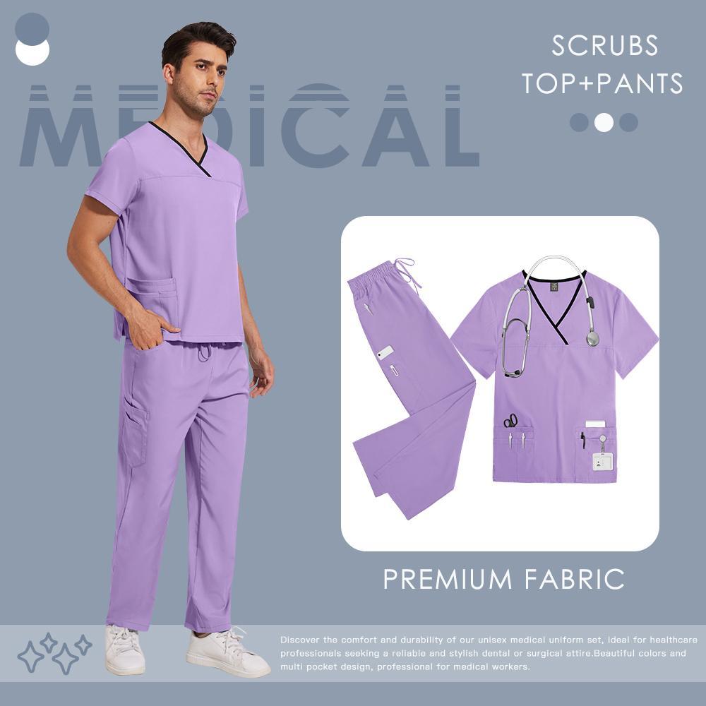 Women's Solid V-Neck 2-Piece Scrubs Set - Short Sleeve V-Neck Top & Pants, Standard Fit Women's Clothes for All Seasons, Medical Dental Workwear (Menswear Compatible)