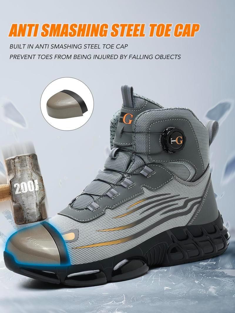 Men's Black Shoes Mid-Cut Steel Toe Puncture-Proof and Smash-Proof with Rotary Buckle Lace-Free Work Boots Non Slip Suitable for Outdoor Work Blue Collar Industrial Construction Protective New Fashion Safety Sneakers Fathersdaygift