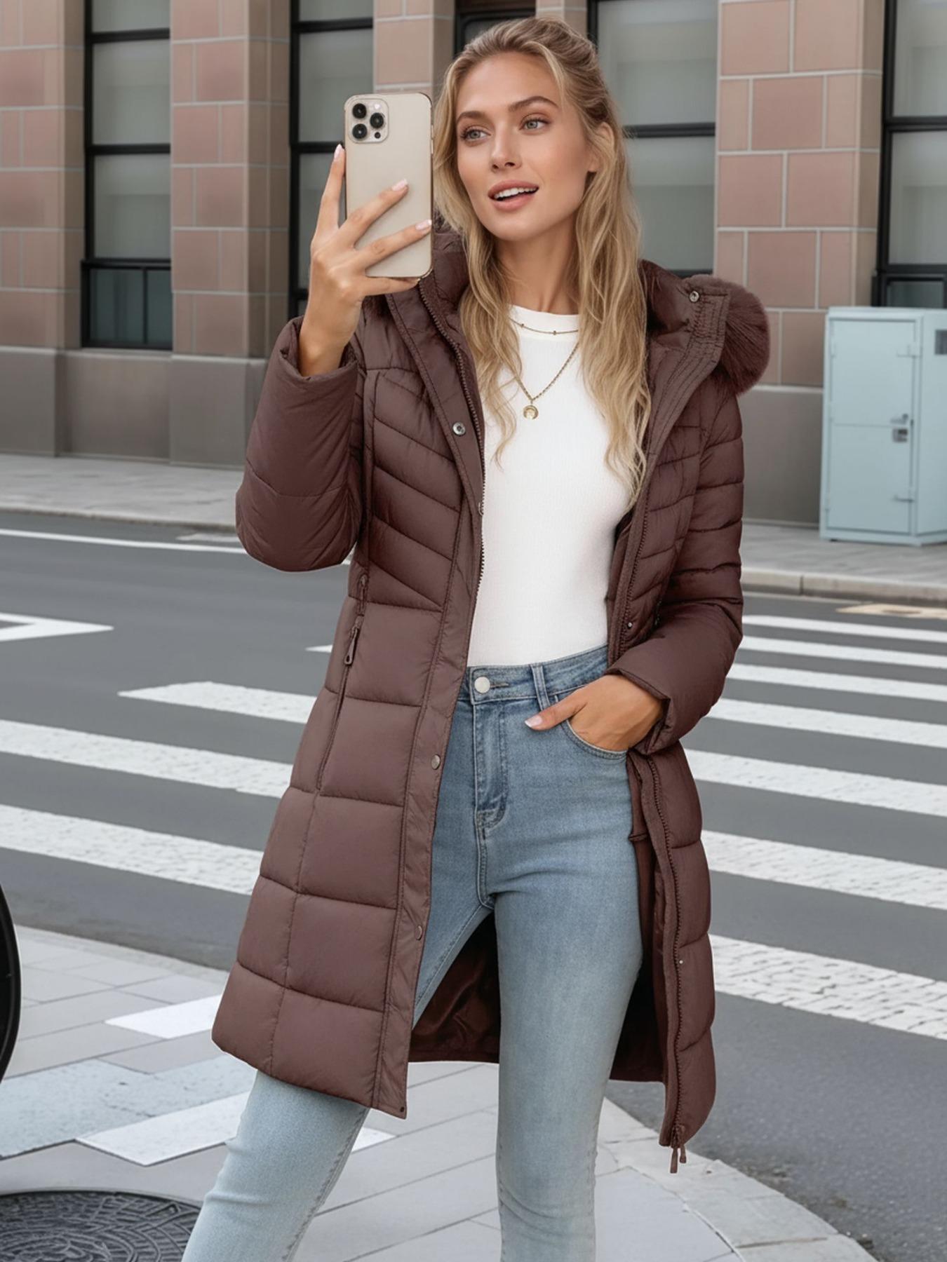 Women's Fall Winter Mid-Length Cotton Coat, Faux Fur Hood and Collar, Casual Fashion Outerwear with Side Pockets and Zipper Design, Quilted Puffer Coat