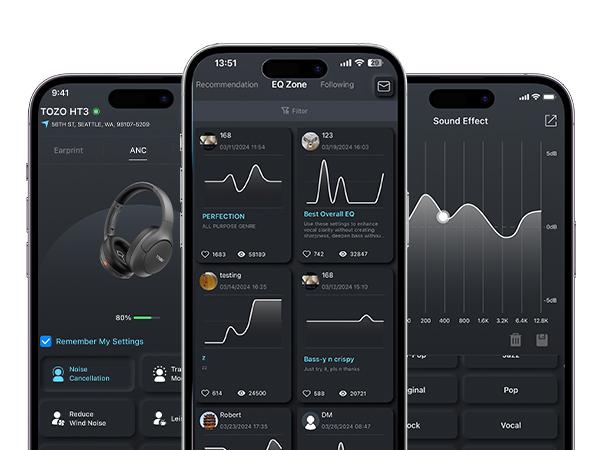 TOZO HT3 Hybrid Noise Cancelling Headphones, 90H Playtime Wireless Over Ear Bluetooth Headset, Spatial Audio AI Chat with 5 Mics, Supports Dual Connection and USB-C Input, with 32 EQ Music Modes, Travel Gym Work Home, Gift Ready
