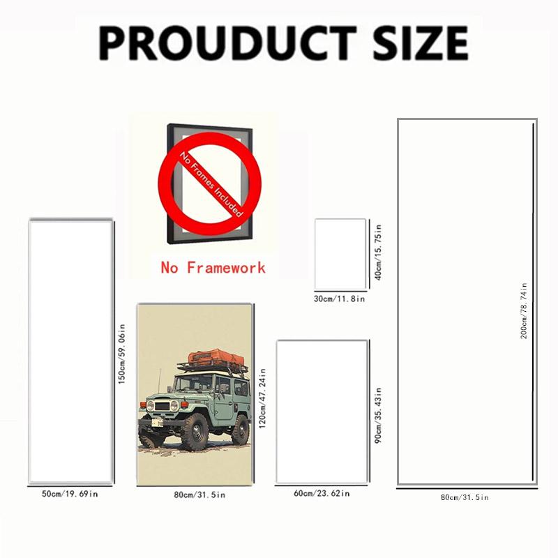 2D flat large best-selling decorative painting, off-road vehicle with luggage, ready for adventure. Canvas painting without frame, suitable for living room, office, indoor background decoration