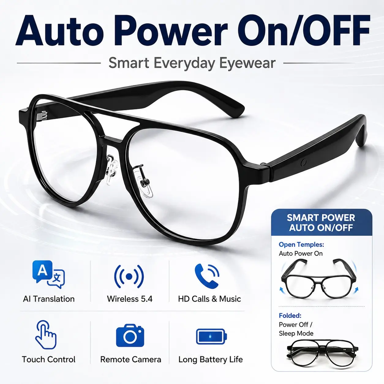 Koipsse Smart glasses with Audio support Multi-Language Translation, Bluetooth Calling, Music Playback, Voice Assistant Auto Power On/Off, UV400 Protective Lens sunglasses Black technology for Men & Women to Travel, Casual Wear, Business Holiday Gift Idea