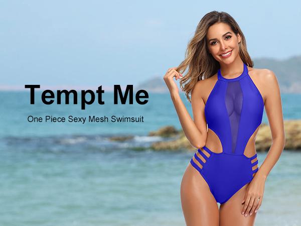 Tempt Me Women One Piece Sexy Mesh Swimsuit High Neck Halter Cutout Monokini Swimwear Tempt Me Women One Piece Sexy Mesh Swimsuit High Neck Halter Cutout Monokini Swimwear