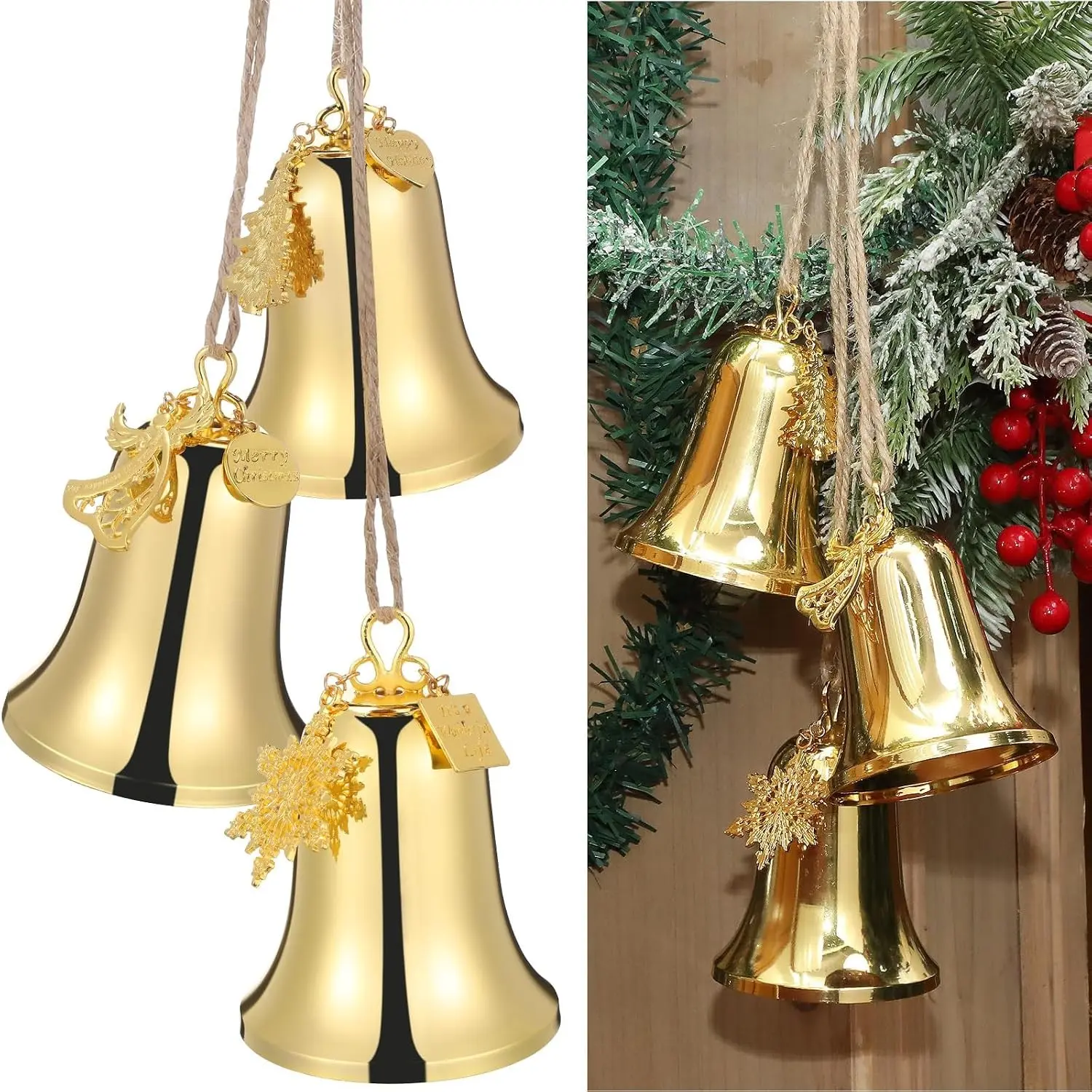 1 Set Large Christmas Bell Ornaments Christmas Tree Hanging Ornament Metal Indoor and Outdoor Gold Bells Decorations with Rope Xmas Trees Snowflake Angels (Gold)