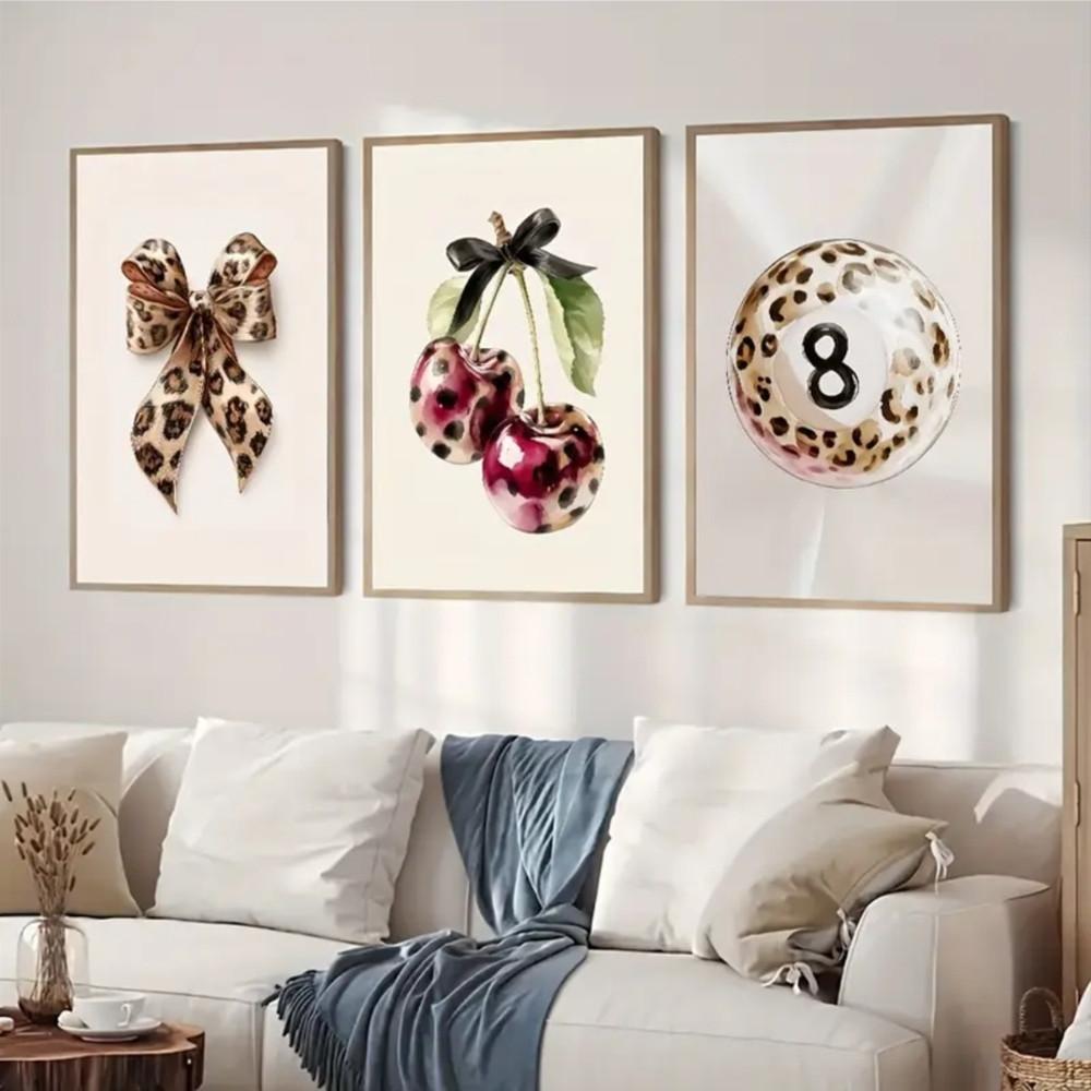 3-Piece Optional Wooden Frame Teen Fashion Leopard Print Bow Cherry 8 Ball Poster High Precision Color Print Moisture-proof Flat Surface Anti-fade Clear Details Apartment Bedroom Living Room Decor