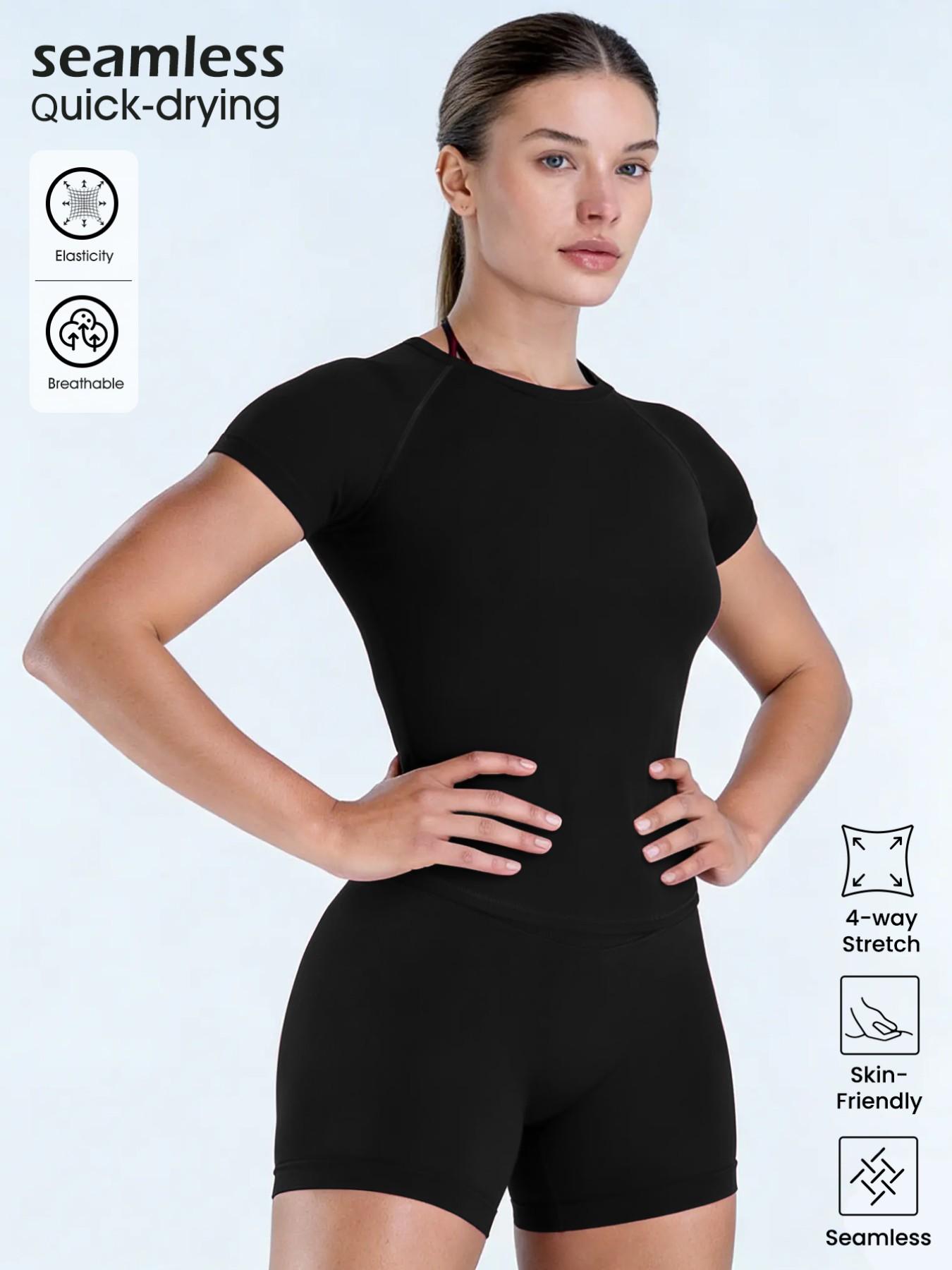 Women's New Nylon High Stretch Moisture Wicking Seamless Short Sleeve Fitness T-Shirt, Butt Coverage Long Sleeves