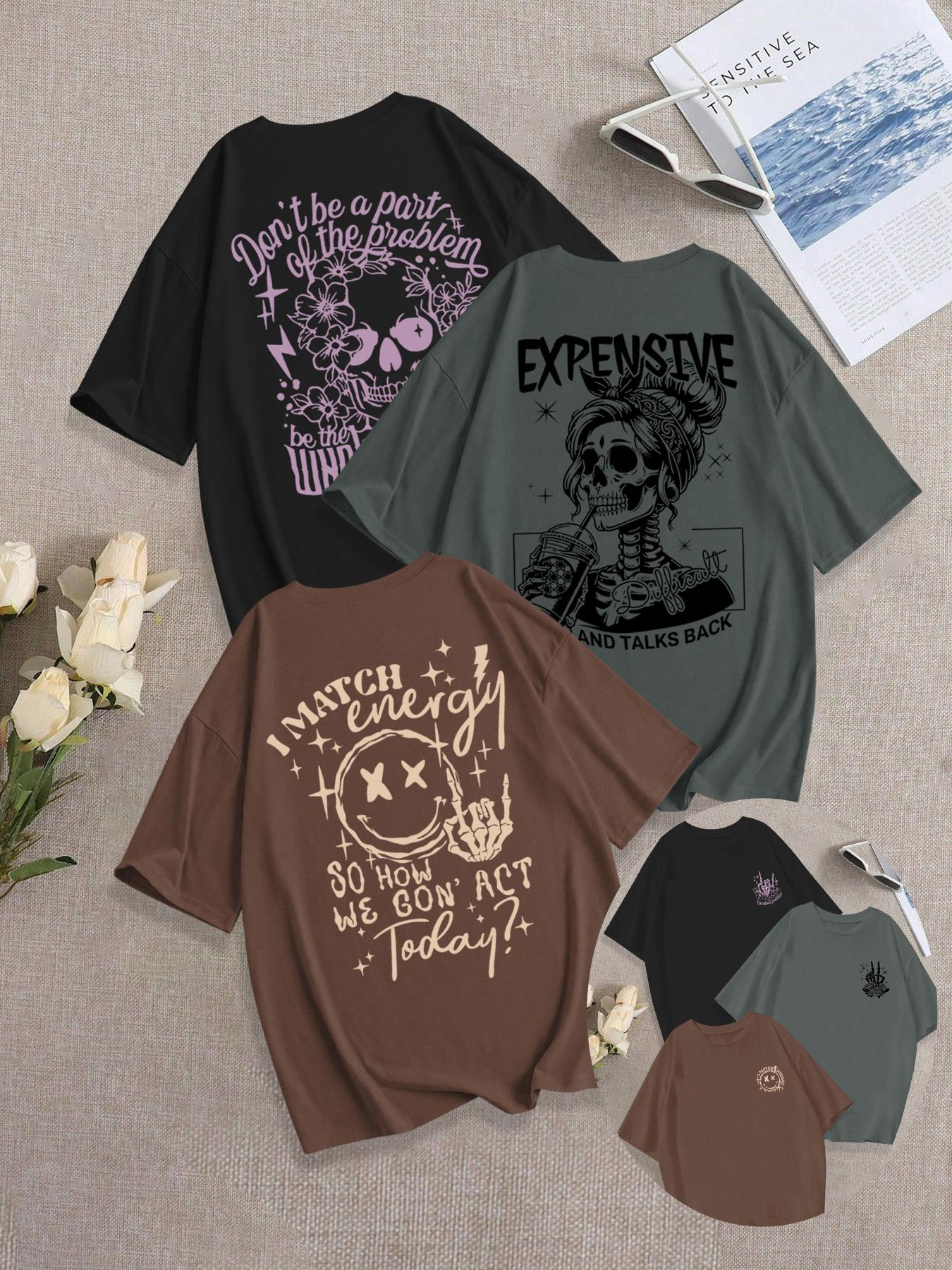 Breathable Soft Casual Streetwear Loose-Fit Round Neck Skull Girl Print Knit T-Shirt Set, Summer Fashion Comfortable Versatile Everyday Graphic Top, Pack of 3, Casual Everyday Tops