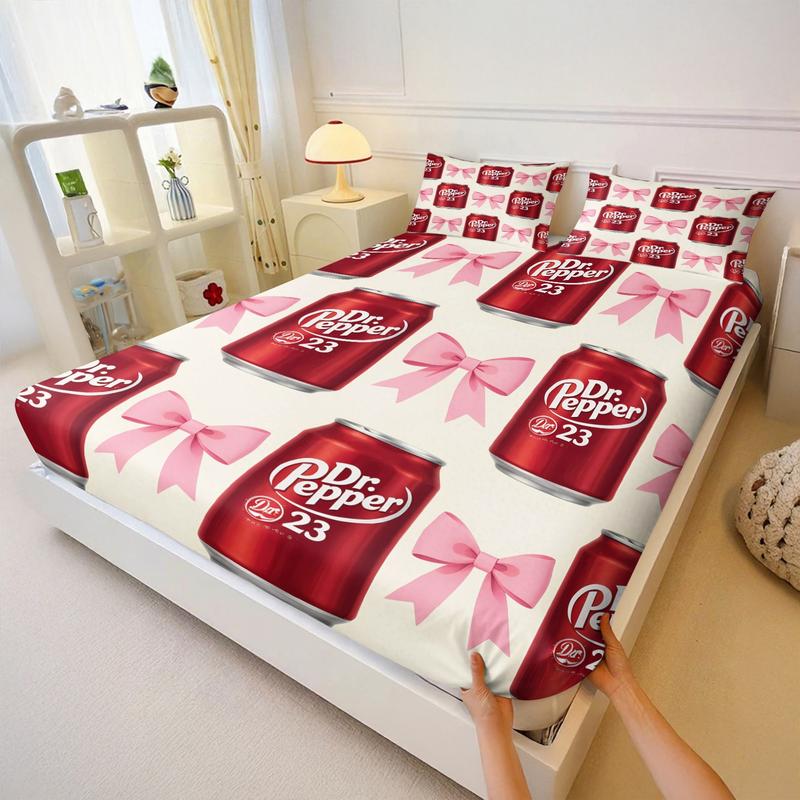 Dr Pepper Brand Full Print Fitted Sheet Set, 1 Fitted Sheet and 2 Pillowcases, Wine Red Color Base, Soft Skin-Friendly, Dustproof Anti-Wrinkle, Decorative Bedsheet Sets, Trendy Bedroom Decor for Boys and Girls Dr Pepper Brand Full Print Fitted Sheet Set, 1 Fitted Sheet and 2 Pillowcases, Wine Red Color Base, Soft Skin-Friendly, Dustproof Anti-Wrinkle, Decorative Bedsheet Sets, Trendy Bedroom Decor for Boys and Girls
