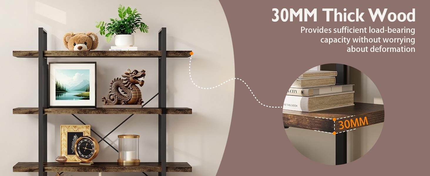 4-Tier Industrial Bookcase, 47 Inch Wide Wood Bookshelf, 120lbs Shelf Capacity, Rustic Open Shelving Heavy Duty Display with Reinforced Horizontal Brown Shelves for Living Room Bedroom Office