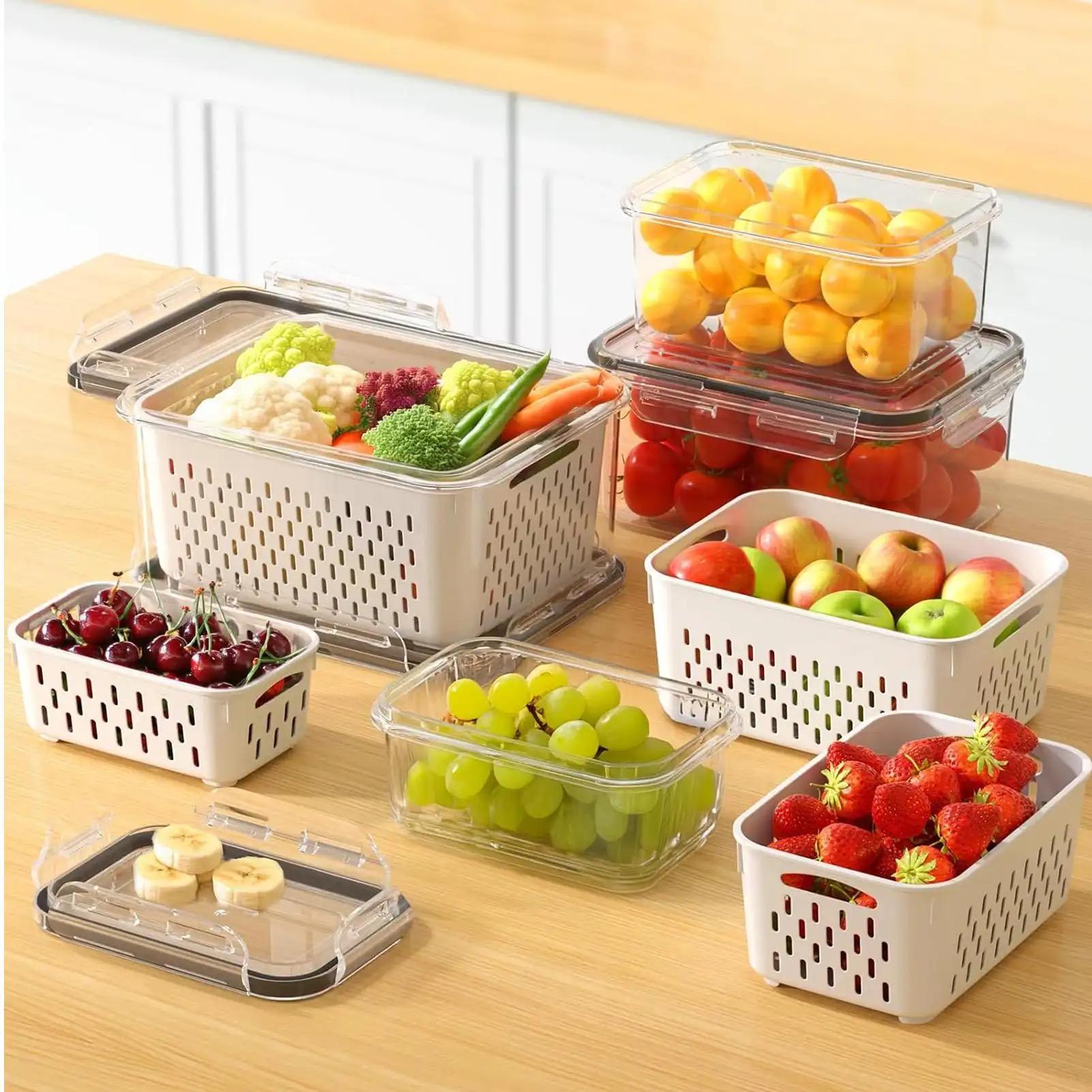 4 /8Pack Double Drainage Fruit Vegetable Storage Containers, Kitchen Organizer Bins, Durable Portable Household Food Storage Boxes, Keep Berries, Lettuce, Salad, Meat Fresh