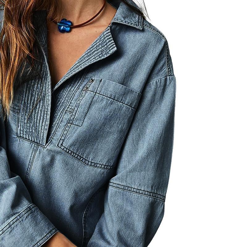 MIDIROSS Women's V-Neck Denim Pullover Shirt