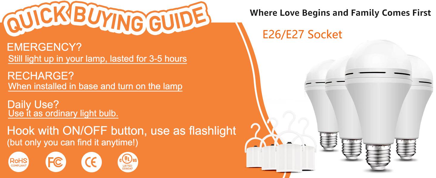 4 Pack Rechargeable Emergency Light Bulbs A19, Camping Lamp Battery Powered LED Light Bulb 6000K Daylight E26 E27 120 Volt 12W 60W Equivalent with 1200mAh for Home Power Outage Camping Hurricane
