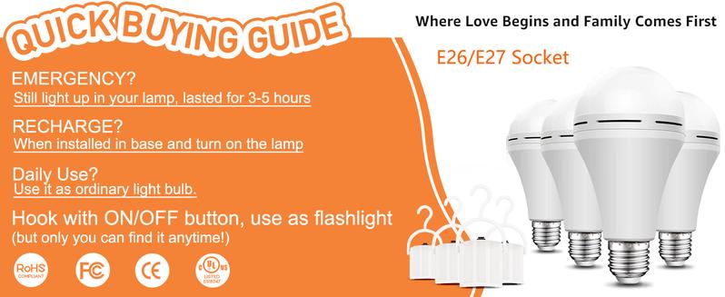 4 Pack Rechargeable Emergency Light Bulbs A19, Camping Lamp Battery Powered LED Light Bulb 6000K Daylight E26 E27 120 Volt 12W 60W Equivalent with 1200mAh for Home Power Outage Camping Hurricane