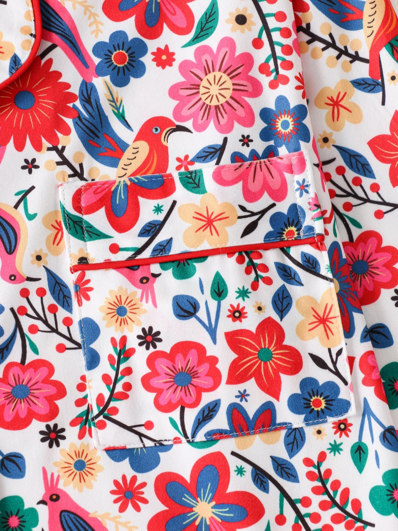 Women's Floral Print Pajama Set, Lapel Button Long Sleeve Top & Loose Comfortable Pants, Casual Fitted Sleepwear & Loungewear for All Seasons