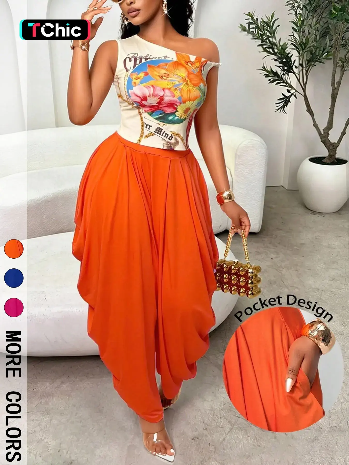 Women's Trendy Bold Style 2 Piece Matching Set, Asymmetrical One-Shoulder Floral Print Crop Top & High Waisted Harem Pants with Side Pockets, Draped Silhouette, Perfect for Party
