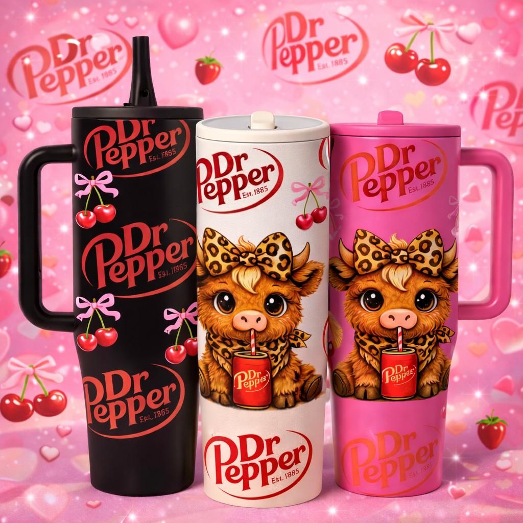 40oz insulated mug, Insulated tumbler, Dr Pepper soda print, leopard highland cow cartoon design, thermal mug, double wall vacuum stainless steel, straw lid with handle, leak proof, keeps hot 12 hours cold 24 hours, valentines birthday gift