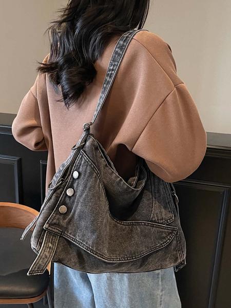 Retro denim messenger bag, old washing process, unique tailoring button design, casual fashion and versatile colors are optional, lazy style personality denim messenger bag, suitable for daily travel, etc., Denim shoulder bag, Crossbody shoulder bag