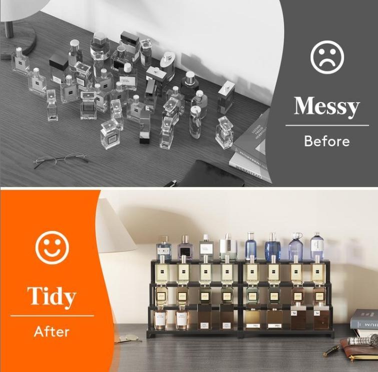 Black Display Risers Stand, 4 Tier, Plastic Cologne Organizer Perfume Stand, Display for Vanity, Dresser, Figures, Cupcake, Dessert, Spice, Fragrance, Countertop, Cabinet Use