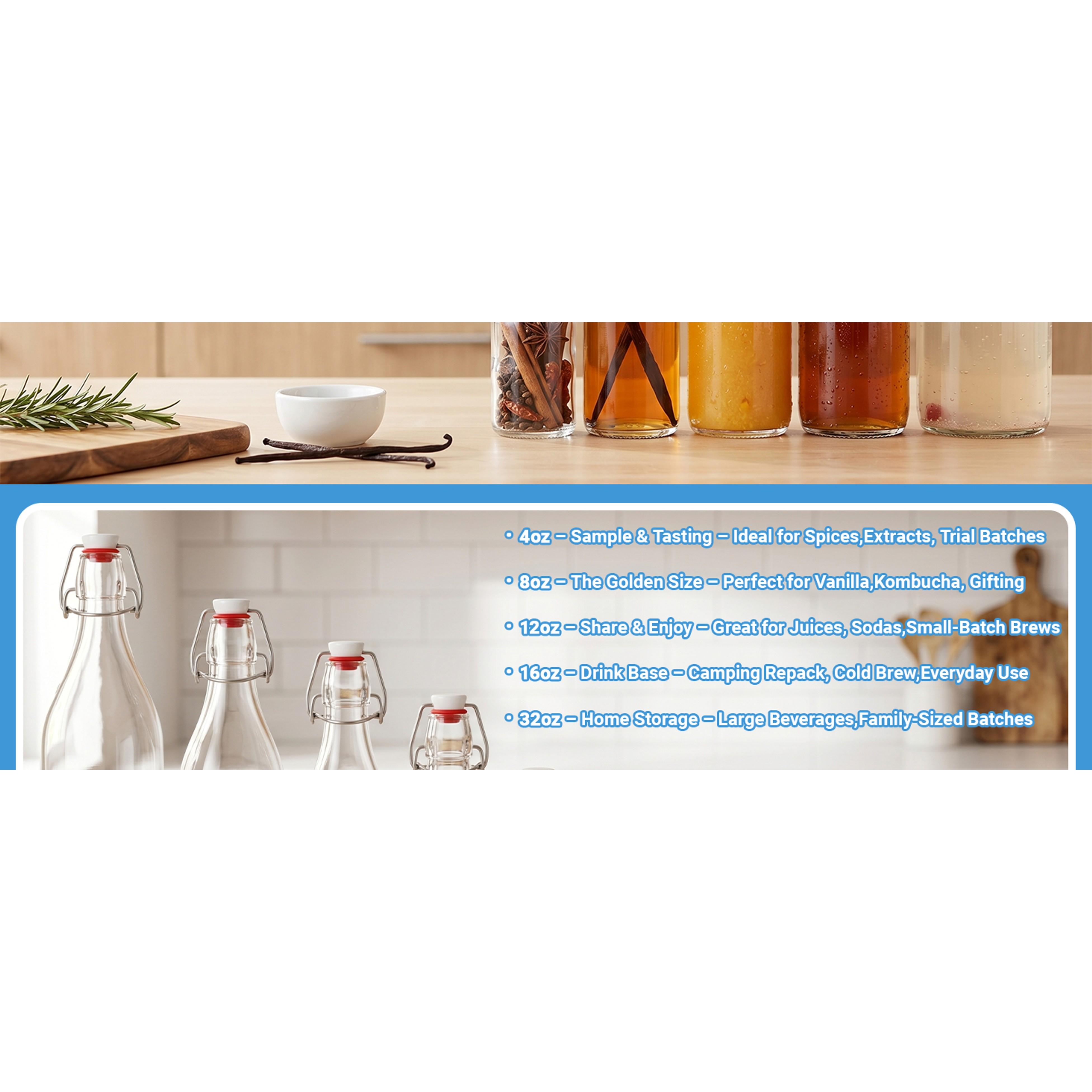 12 Pack 8oz Swing Top Glass Bottles – Flip Top Bottles with Stoppers for Vanilla Extract, Kombucha, Kefir, Home Brewing, Fermentation & Gifting, Includes 6 Extra Seals & 2 Pourers