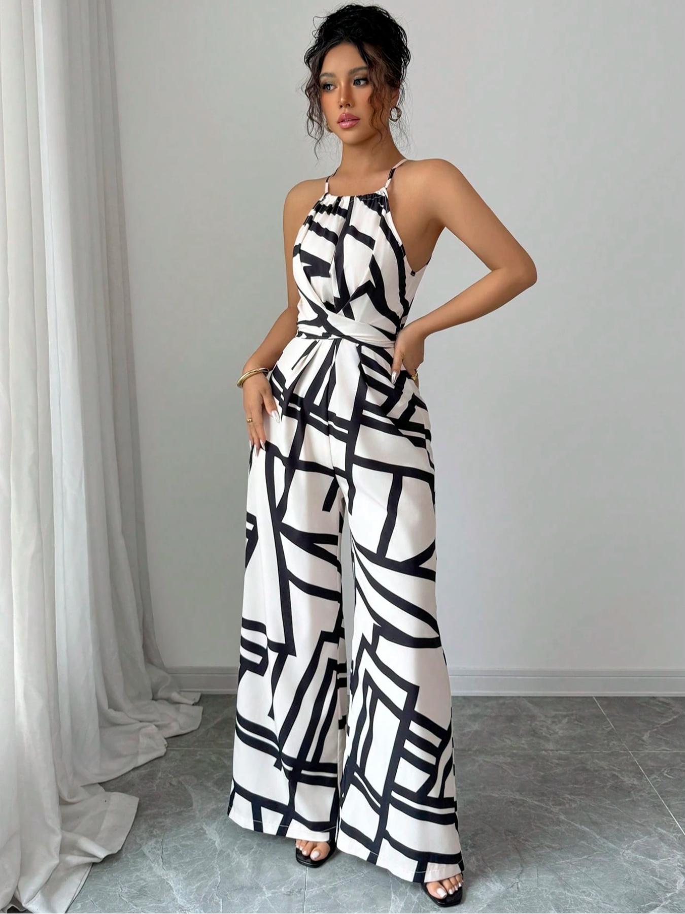 Women's Floral Print Woven Elegant Waist Cinched Casual Jumpsuit, All-Season Daily Wear, Sleeveless Strap Design with Outerwear Option