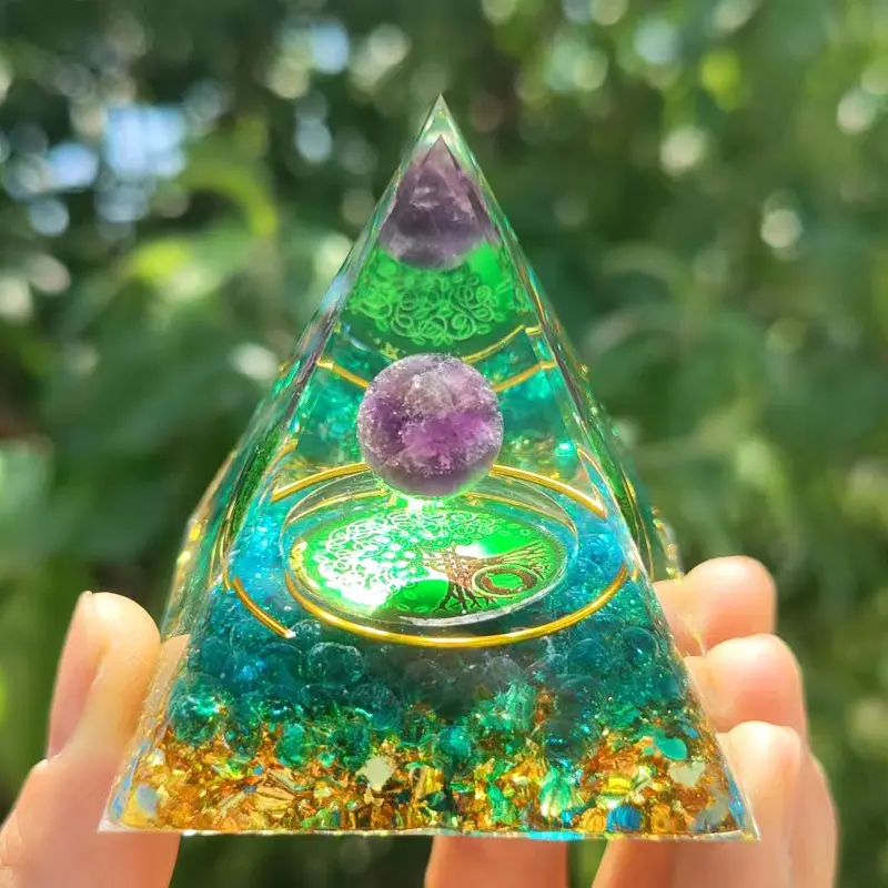 Green Turquoise Orgone Pyramid, Crystal Sphere Resin Orgonite Pyramid, Natural Crushed Quartz Energy Desk Ornament, Handmade Reiki Healing Stone, Aesthetic Home Room Decor, Spiritual Yoga Gift