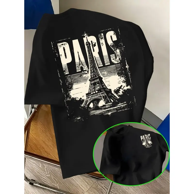 PARIS Paris Eiffel Tower themed men's short-sleeve shirt, vintage distressed print style architecture art design,trendy cool distressed lettering design, full of a relaxed and sophisticated artistic vibe, travel, outings, and casual strolls