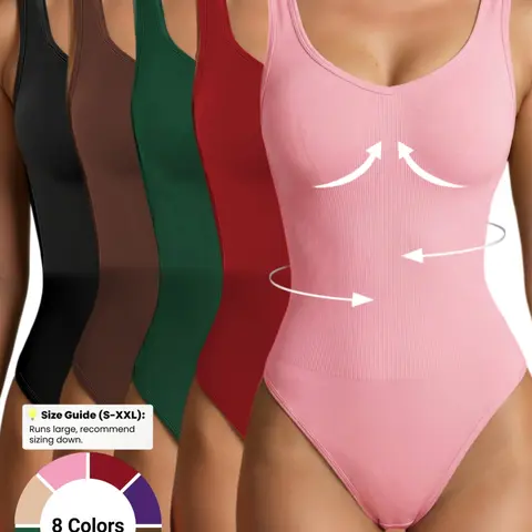 Women's Minimalist Solid Round Neck Sleeveless Ribbed Fit Knit Shapewear Clothing, Seamless Stretchy Bodysuit, With Buckle,Casual Comfy Shaper for Daily Wear, Stretch&Breathable Smooth Fabric,Ladies Shapewear for All Seasons