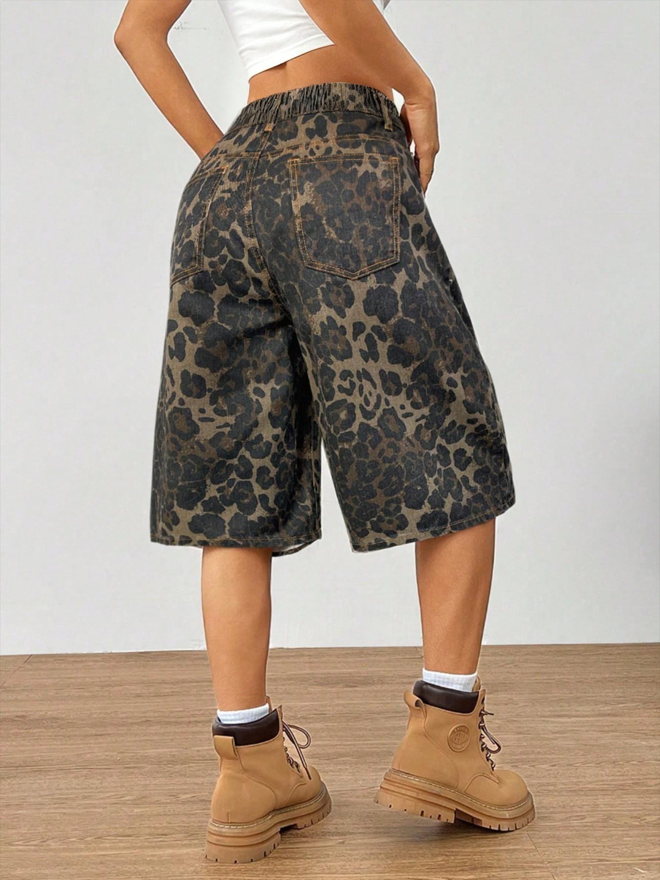 Women's Leopard Print Denim Capri Pants, Casual Wide Leg Loose Fit Shorts, Slant Pocket Design, Fashionable Versatile Summer Wear