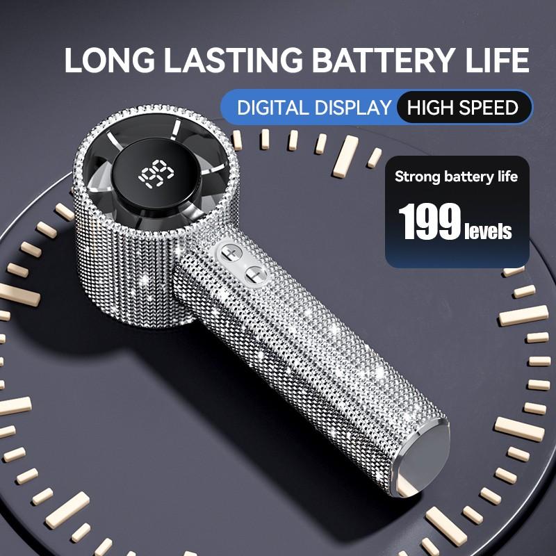 Portable Handheld Turbo Fan, Fashion Full Diamond Design, 1800mah USB Rechargeable, Personal Battery Operated, Mini Pocket Fan for Travel Outdoor