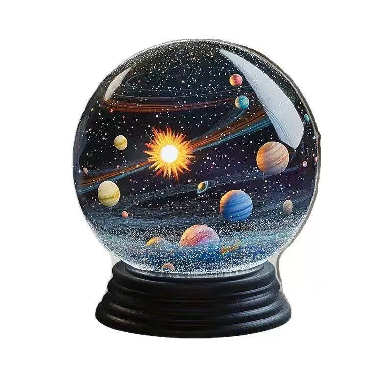 Rotating Solar System Crystal Snow Globe, 2D Acrylic Moon Desktop Decor, Gifts for Astronomy Lovers and Space Enthusiasts