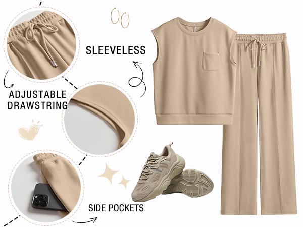 ANRABESS Women's Summer 2 Piece Outfits Casual Sleeveless Sweatsuits Matching Wide Leg Tracksuits Lounge Sets Women Basic Vacation Outdoor Outfit Sets  Womenswear