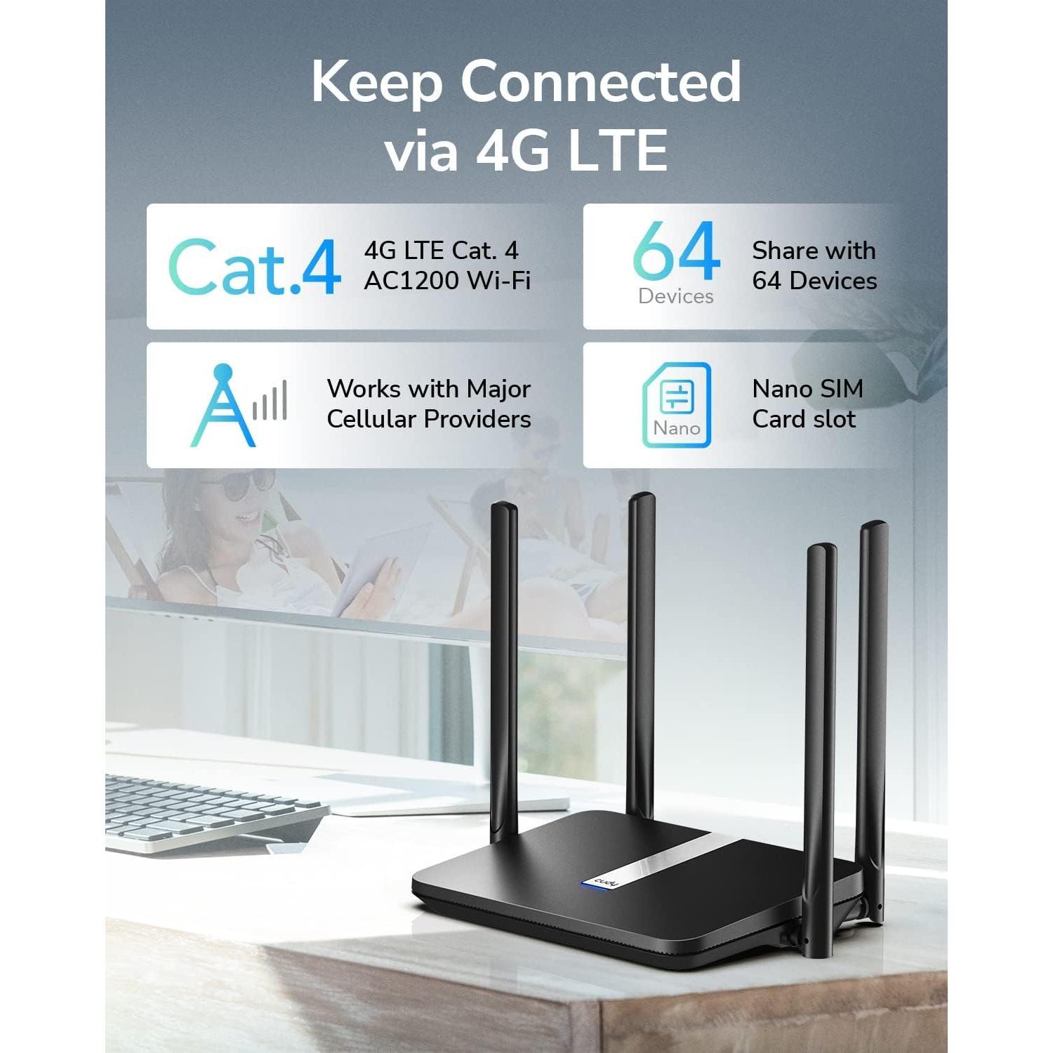 AC1200  Band Unlocked 4G LTE Modem Router with SIM Card Slot, 1200Mbps Mesh WiFi, 5dBi High  Antennas, DDNS, VPN, Cloudflare, LT500