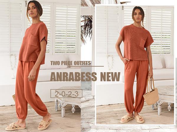 ANRABESS Women's Two Piece Outfits Knit Sweater Vest Crop Top Pants Lounge Matching Tracksuit Comfortable Sweatsuit Travel Clothes Sets