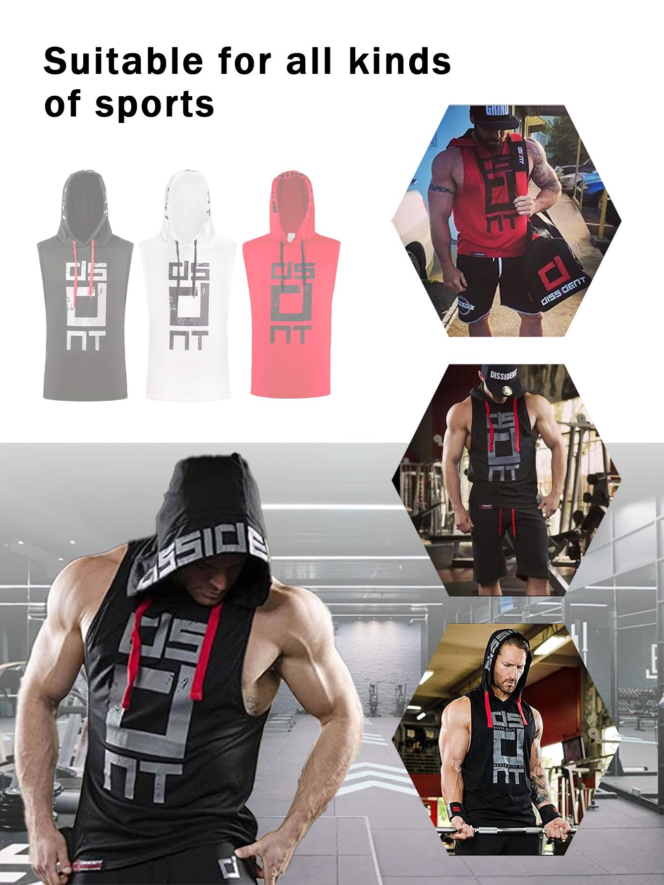 Men's High Stretch Quick Dry Hooded Gym Tank Top - Breathable Sleeveless Gym Shirt with Bold Monogram Print, Moisture Wicking Basketball Running Casual Wear, Machine Washable, Casual Athletic Wear |Outdoor fun，Gym Accessories Workout ClothesFathersdaygift