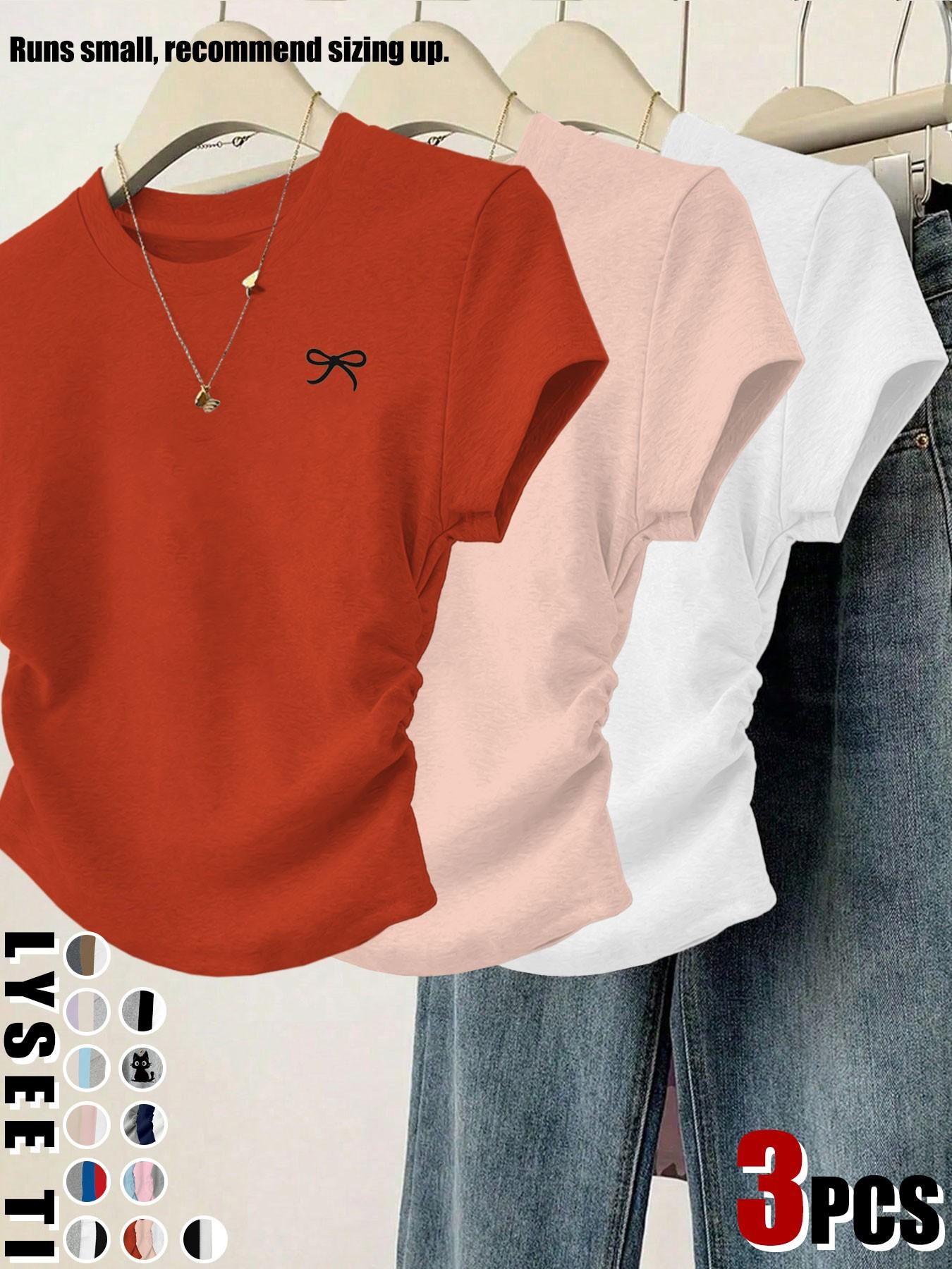 3pcs/1pc women's casual fashion slim fit small bow print details simple solid color pleated pullover shirt women's round neck short sleeved three piece T-shirt