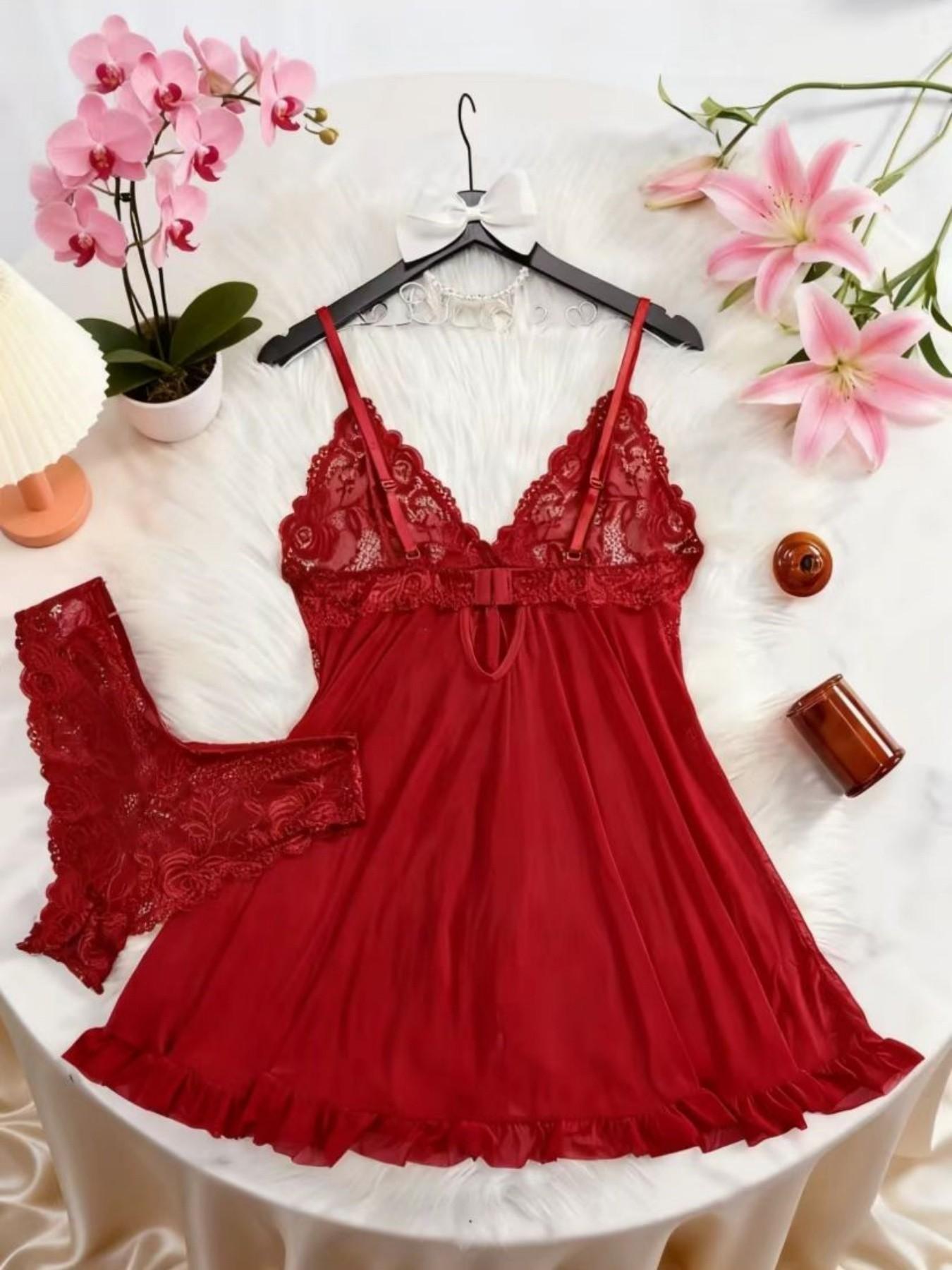 1 Set Women's Floral Lace Cut Out Mesh Cami Nightdress & Bow Thong ...