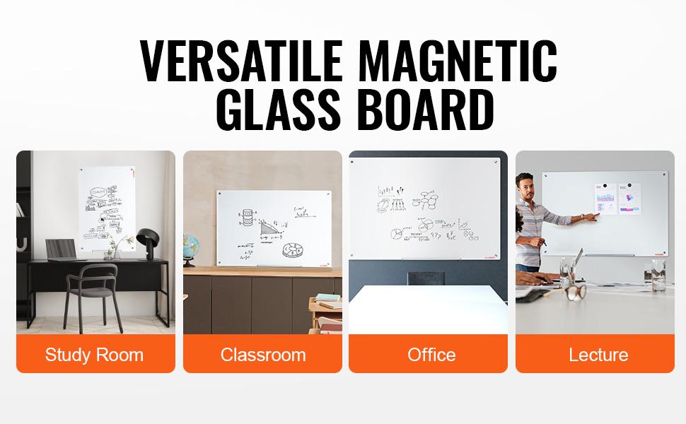 VEVOR Magnetic Glass Whiteboard, Dry Erase Board 48x32, Wall-Mounted Large White Glassboard Frameless, with Marker Tray, an Eraser and 2 Markers, White